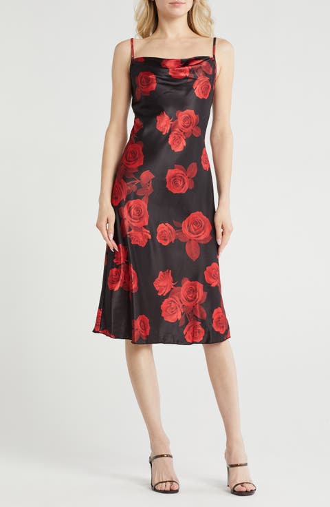 Printed Satin Bias Midi Dress