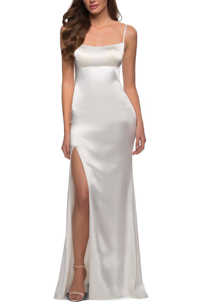 La Femme Side Slit Stretch Satin Gown, Main, color,