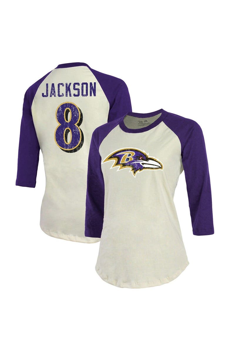 Majestic Threads Women's Fanatics Branded Lamar Jackson Cream/Purple Baltimore Ravens Player Raglan Name & Number Fitted 3/4-Sleeve T-Shirt, Main, color, 