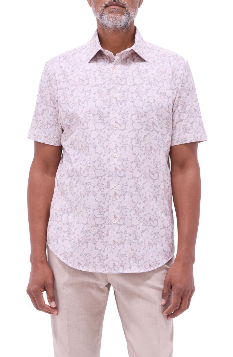 Bugatchi Miles OoohCotton<sup>®</sup> Paisley Short Sleeve Button-Up Shirt, Main, color, Papaya