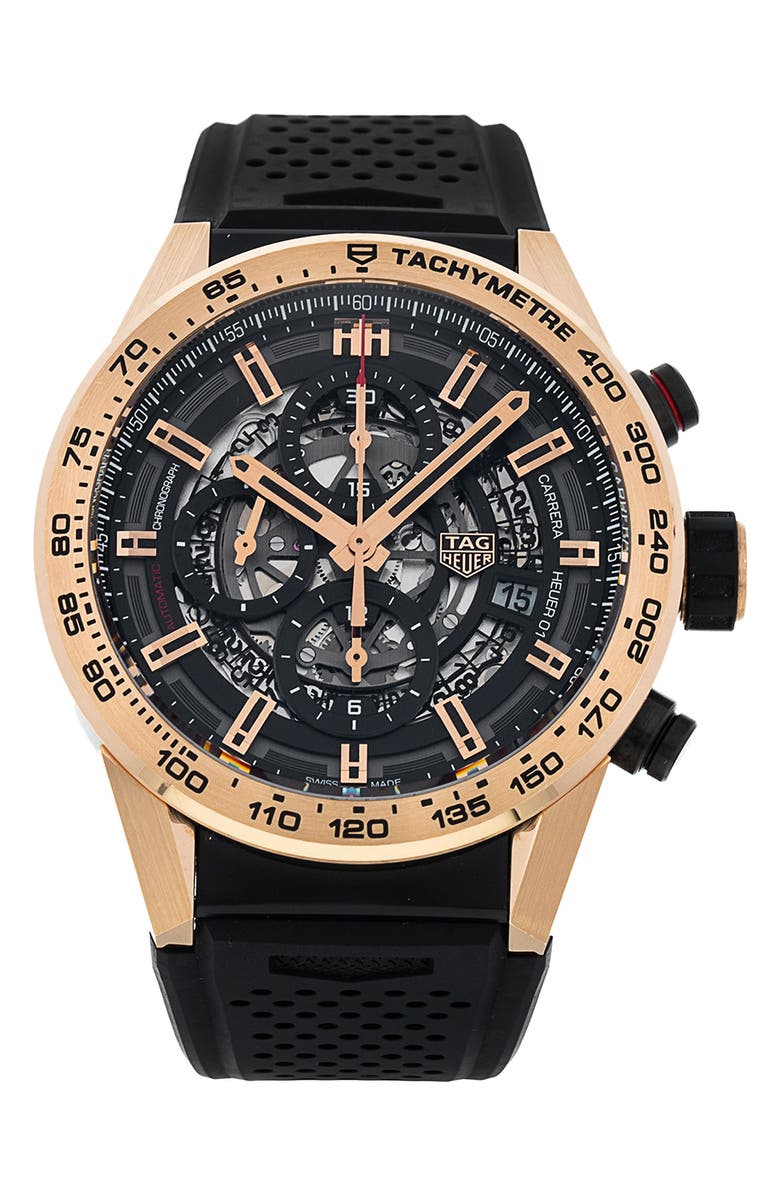 Watchfinder & Co. Tag Heuer Preowned 2017 Carrera Chronograph Rubber Strap Watch, 45mm, Main, color, 