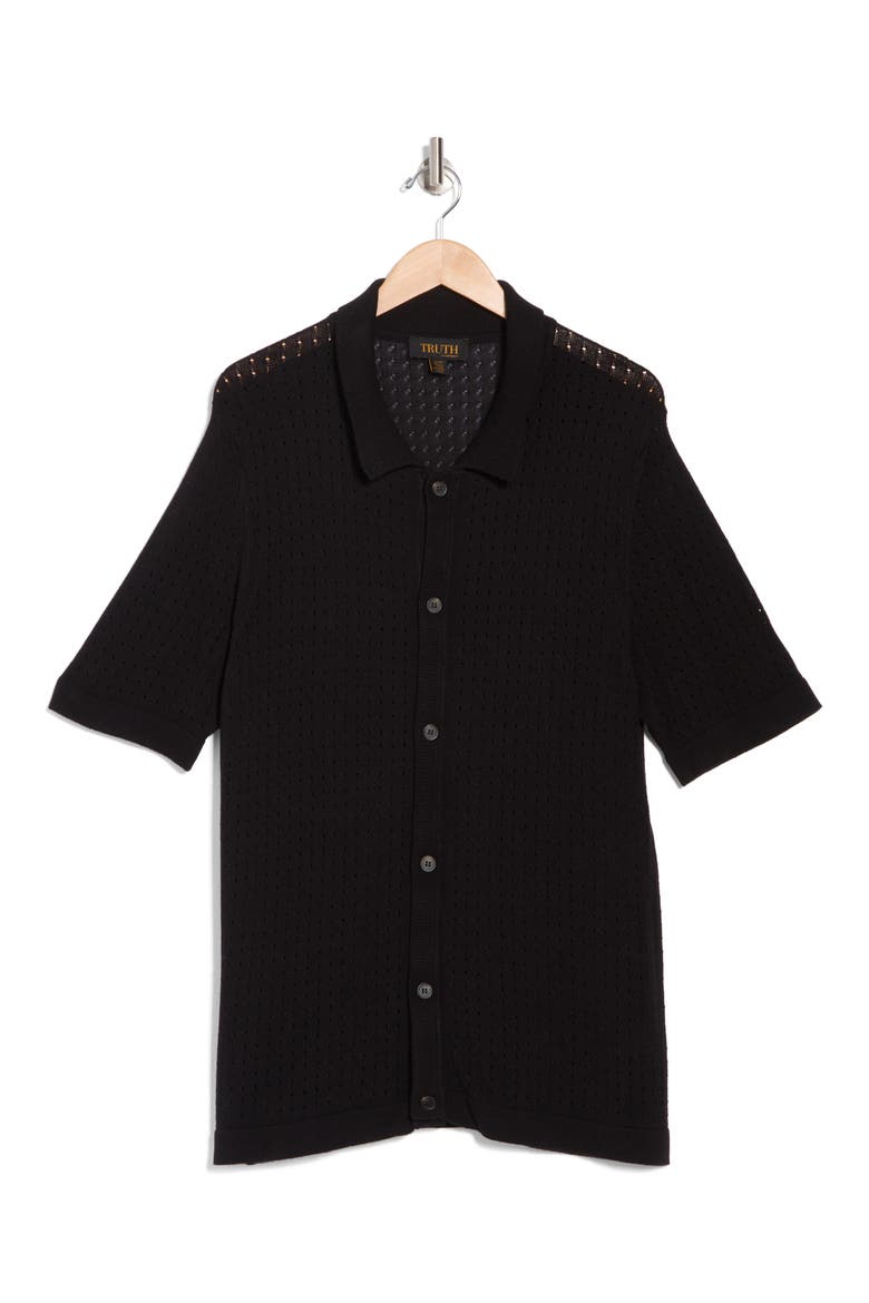 Short Sleeve Open Knit Button-Up Shirt, Alternate, color, BLACK