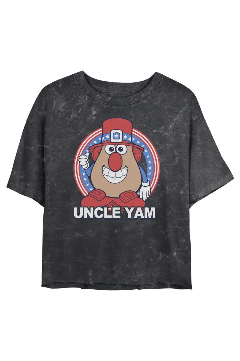 Junior's Uncle Yam Badge Short Sleeve Cropped T-Shirt, Main, color, Black