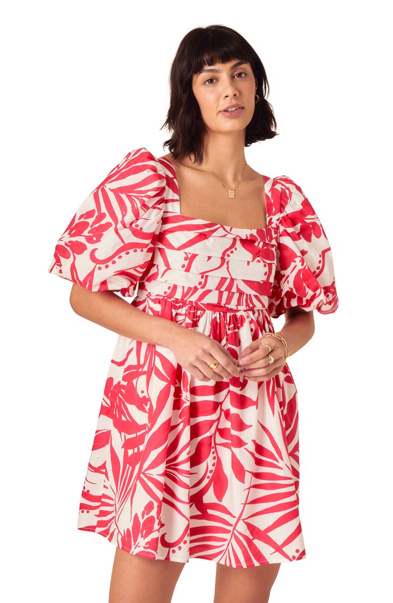 Nobody's Child Nova Print Organic Cotton Puff Sleeve Minidress, Alternate, color, Red