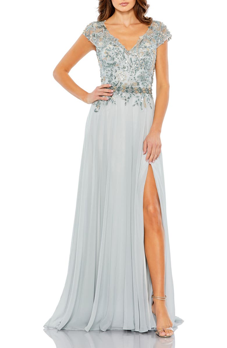 Mac Duggal Embellished Cap Sleeve Bodice Chiffon Gown, Main, color, Seamist