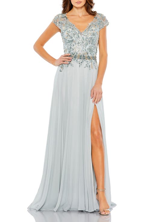 Embellished Cap Sleeve Bodice Chiffon Gown