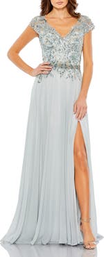 Mac Duggal Embellished Cap Sleeve Bodice Chiffon Gown