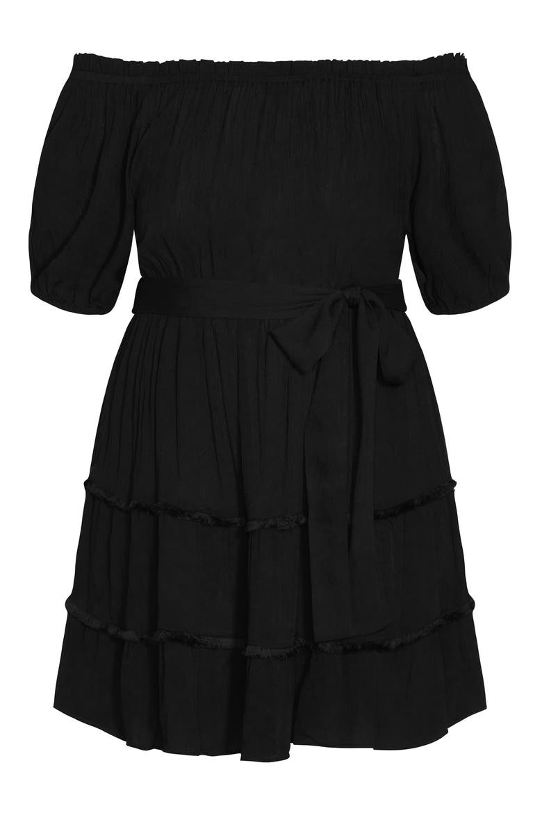 Fiesta Fringe Off the Shoulder Dress, Alternate, color, BLACK
