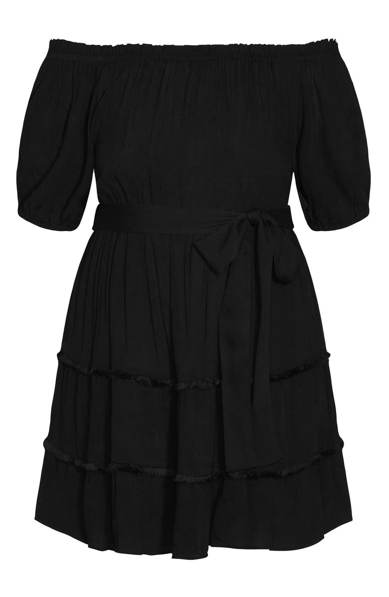 City Chic Fiesta Fringe Off the Shoulder Dress, Alternate, color, Black