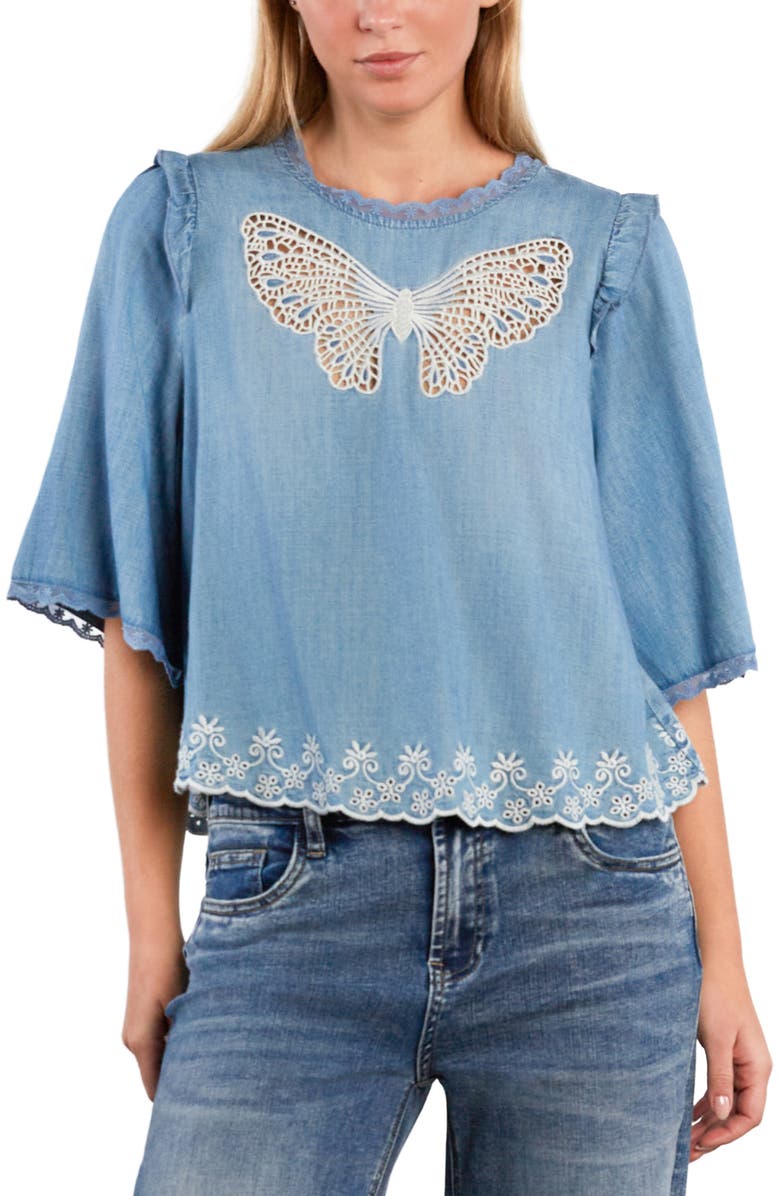 Billy T Lady Butterfly Lace Trim Chambray Top, Main, color, 