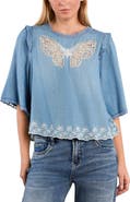 Billy T Lady Butterfly Lace Trim Chambray Top
