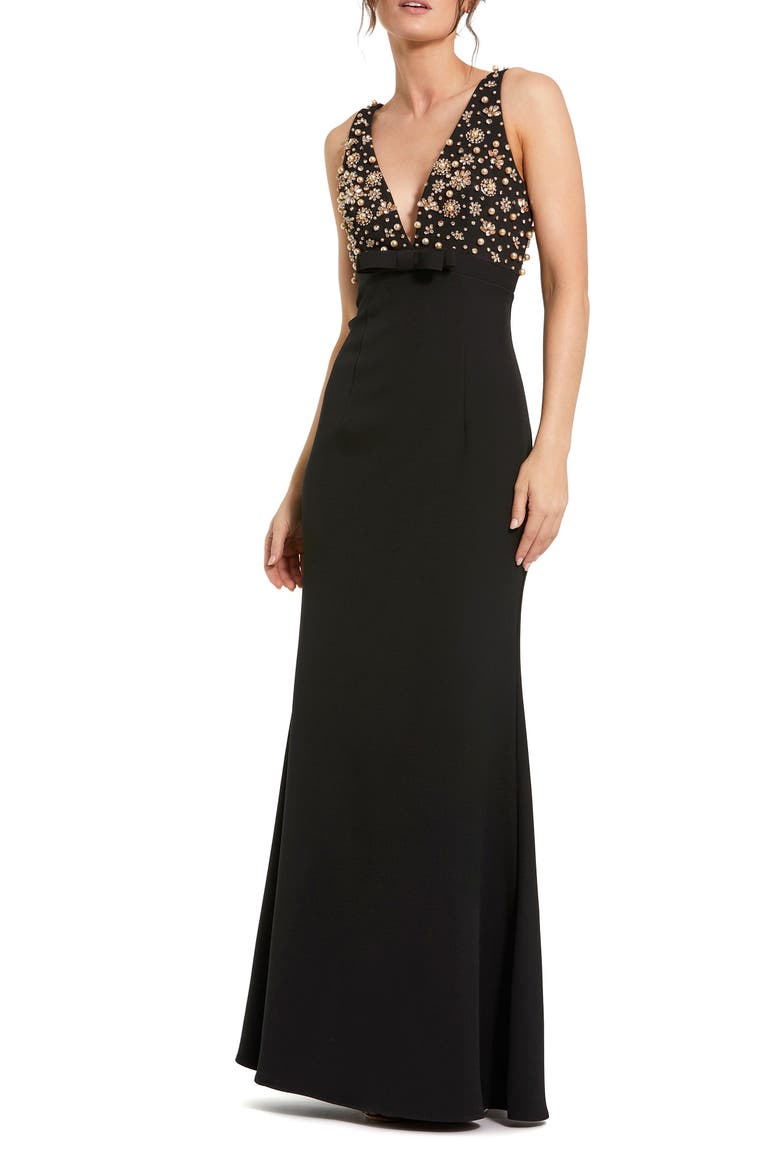 Petite Crepe Sleeveless Beaded V Neck Gown With Bow, Main, color, Black