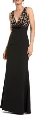 Mac Duggal Petite Crepe Sleeveless Beaded V Neck Gown With Bow
