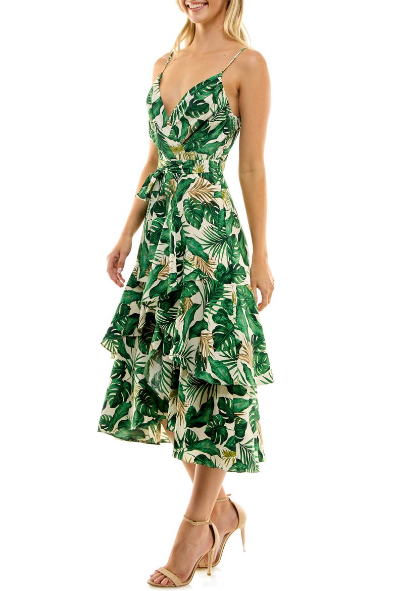Ruffle Faux Wrap Sundress, Alternate, color, GREEN LEAF PRINT