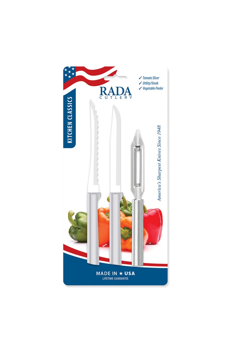 Rada 3 Piece Knife Set ProPak with Tomato Slicer, Vegetable Peeler, and Utility Knife, Main, color, Silver