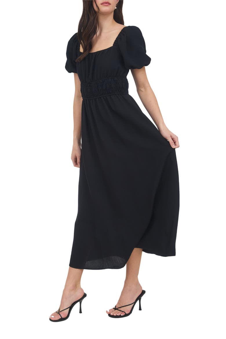 Puff Sleeve Midi Dress, Alternate, color, BLACK