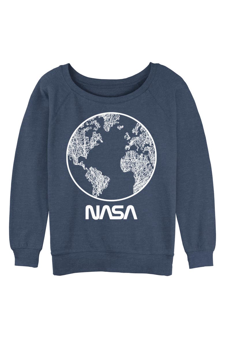 Junior's NASA Sketchy World Logo  Sweatshirt, Main, color, Blue Heather