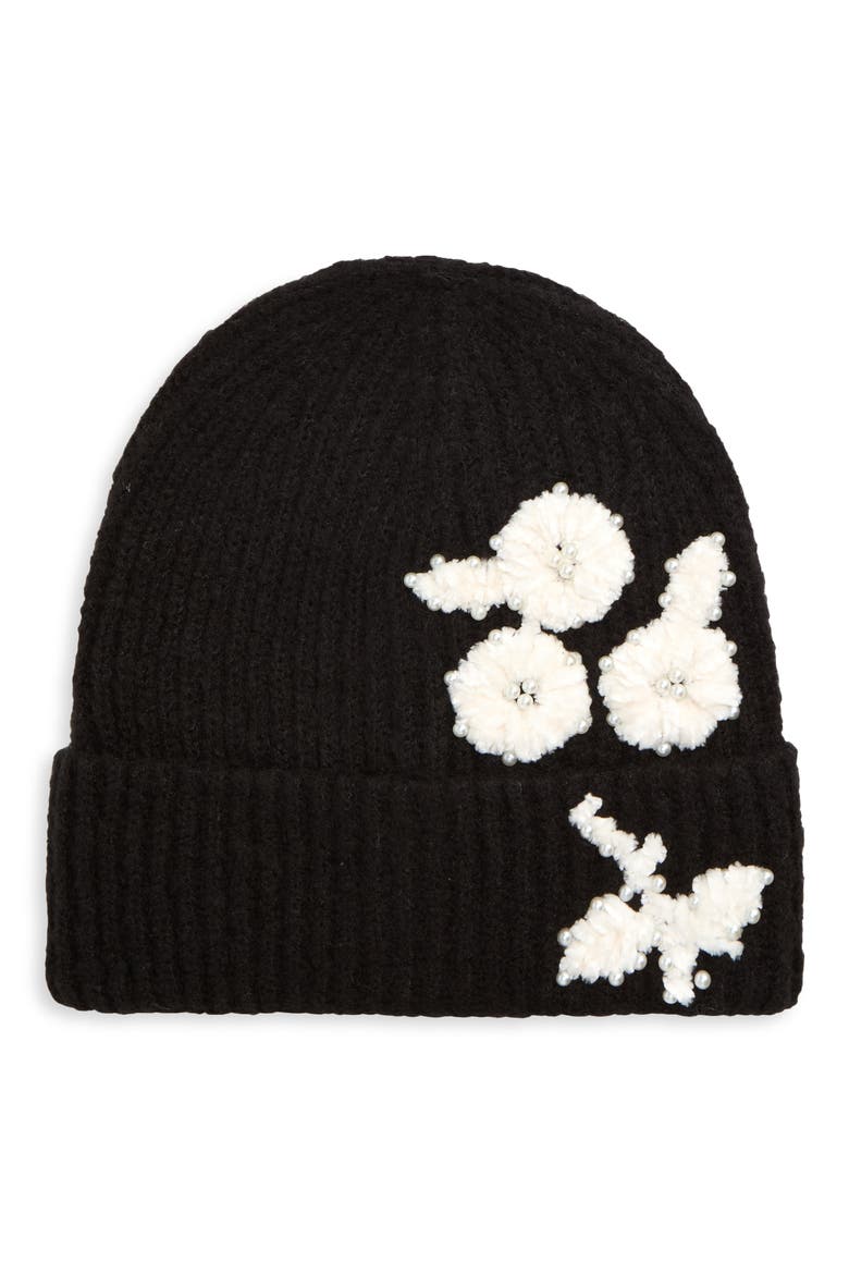 Embellished Flower Beanie, Main, color, BLACK