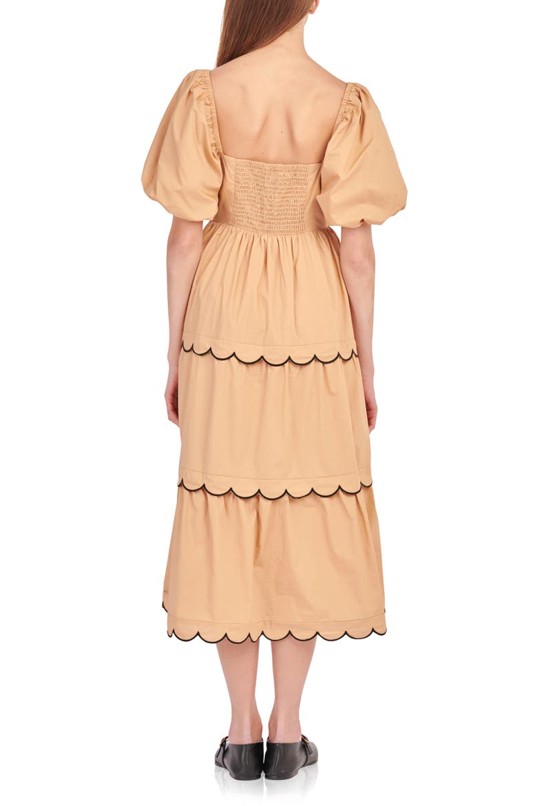Puff Sleeve Scallop Trim Cotton Midi Dress, Alternate, color, TAN/ BLACK