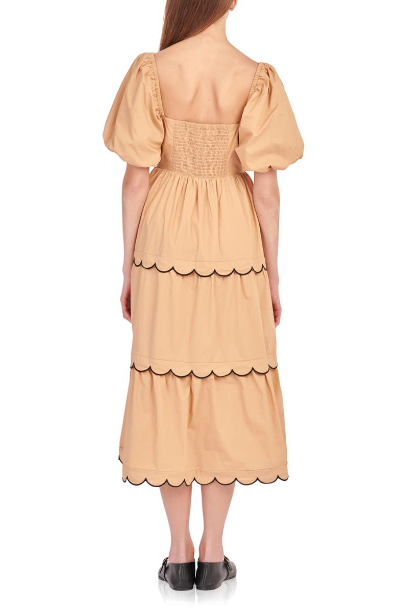 English Factory Puff Sleeve Scallop Trim Cotton Midi Dress, Alternate, color, Tan/ Black