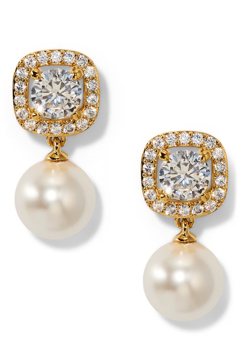 Halo Imitation Pearl Drop Earrings, Main, color, GOLD