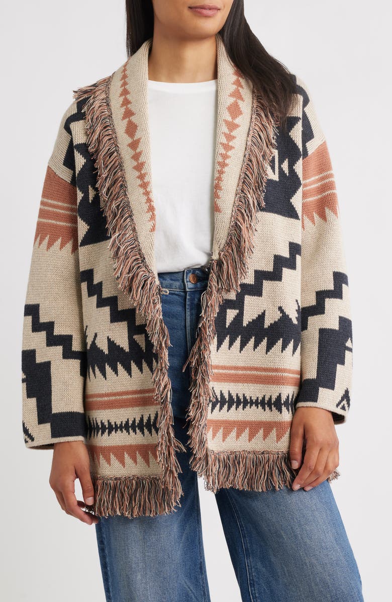 Pendleton Fringe Trim Cotton & Merino Wool Cardigan, Main, color, Natural Multi