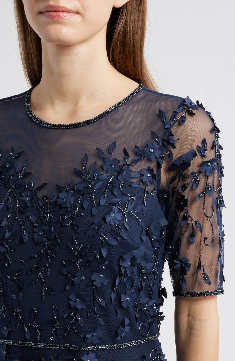 Pisarro Nights 3D Floral Beaded Gown, Alternate, color, Navy