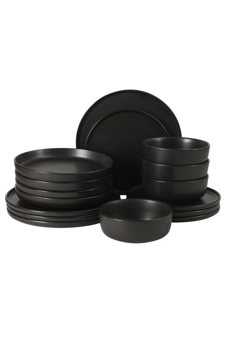 Bayou Moon 16-Piece Matte Reactive Glaze Stoneware Dinnerware Set, Main, color, Matte Black