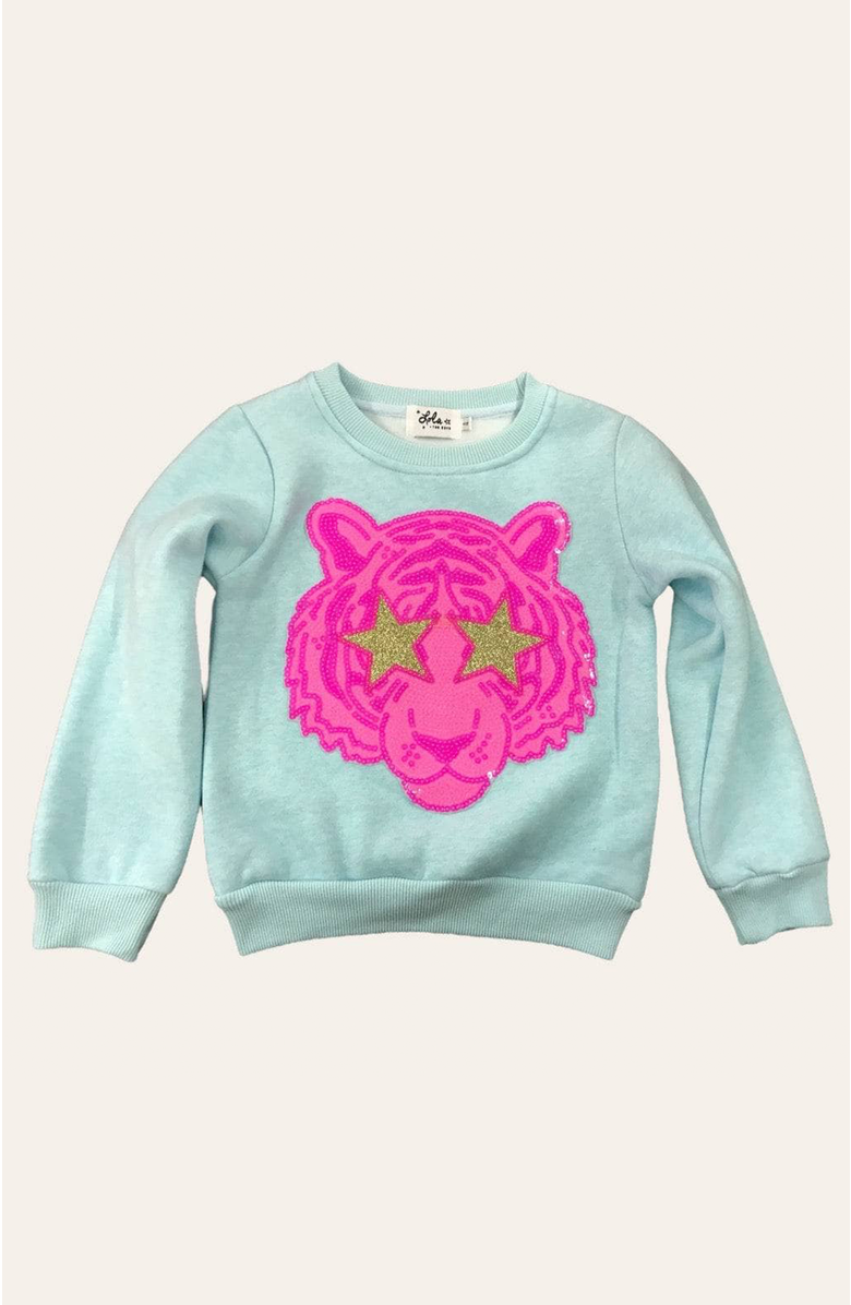 Lola + The Boys Neon Sequin Tiger Sweatshirt, Main, color, Blue-Green