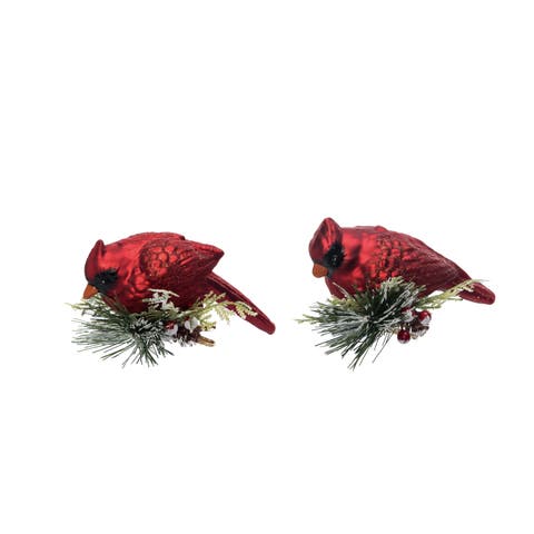 Glass Clip On Cardinal with Evergreen Detail Tree Ornament