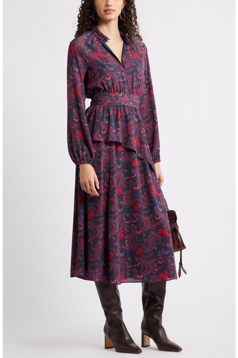 Long Sleeve Ruffle Midi Dress, Alternate, color, NAVY FLORAL VINE