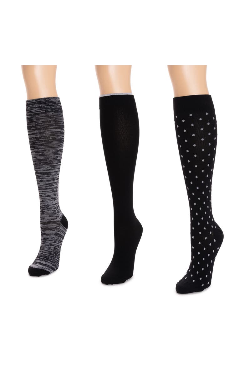 MUK LUKS Nylon Compression Knee-High Socks 3 Pair Pack Wide Size, Alternate, color, Black Multi