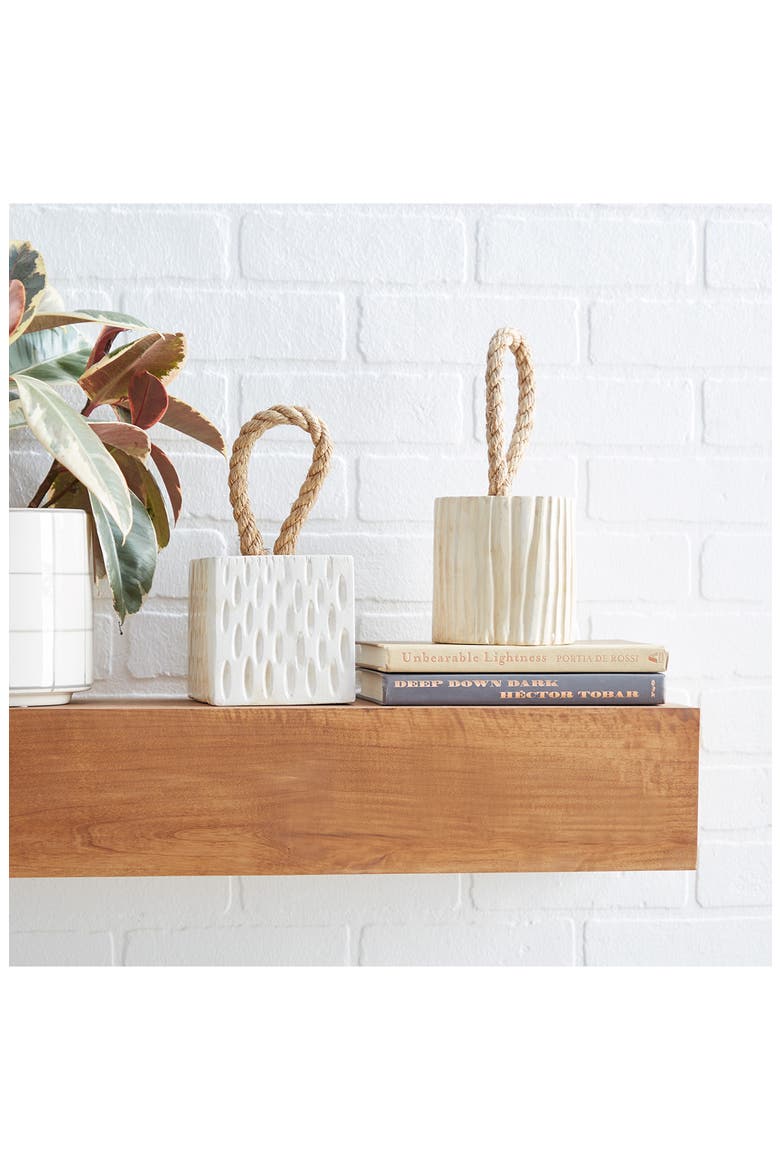 White Teakwood Handmade Door Stopper Geometric Sculpture with Rope Accent - Set of 2, Alternate, color, WHITE