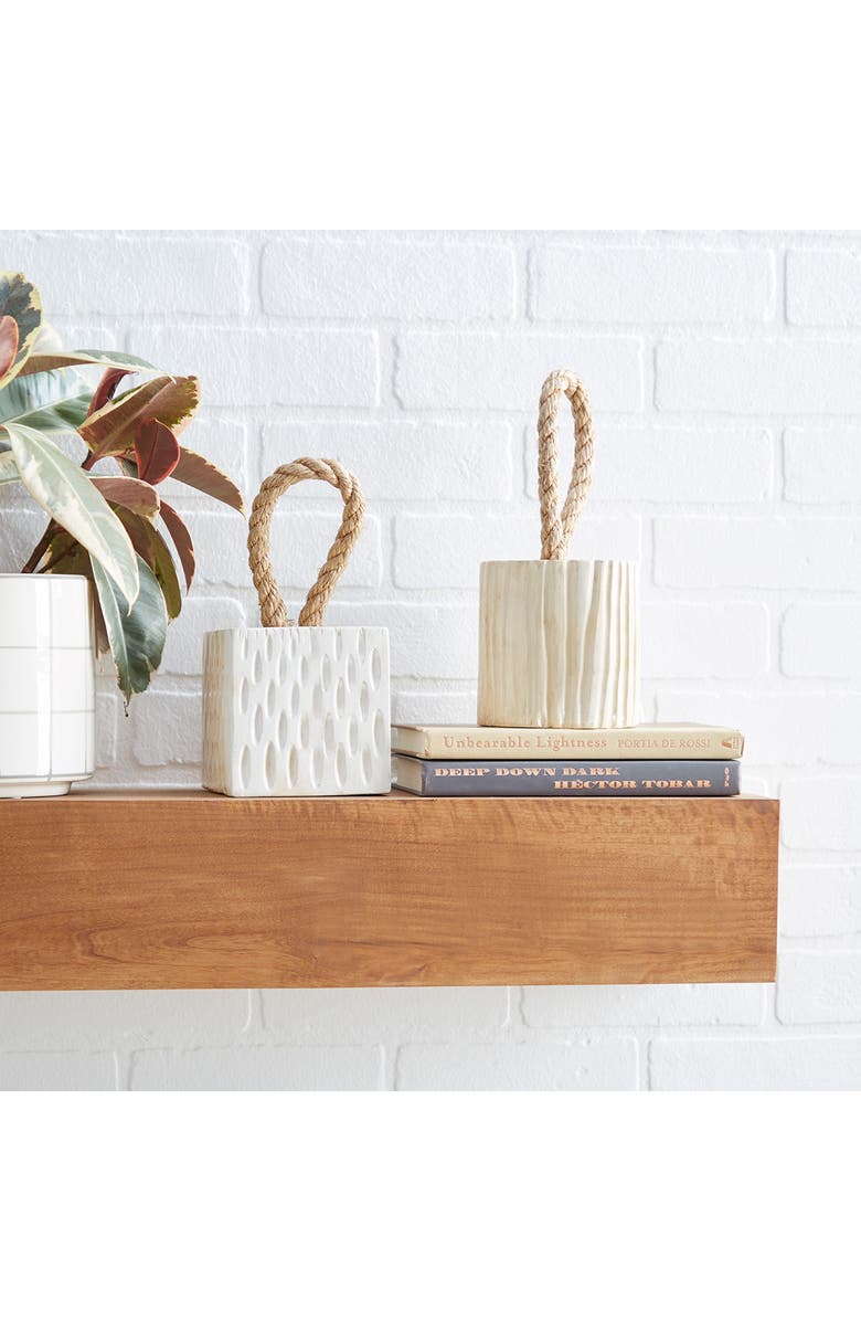 WILLOW ROW White Teakwood Handmade Door Stopper Geometric Sculpture with Rope Accent - Set of 2, Alternate, color, 