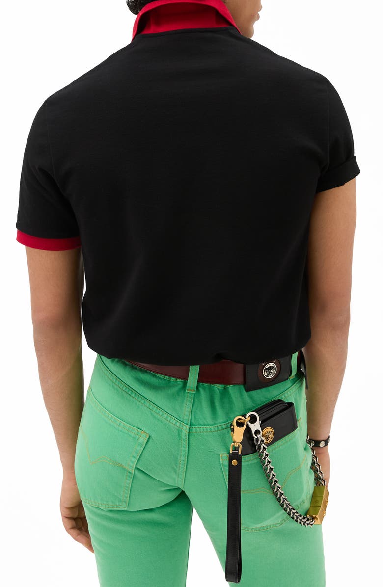Versace Embroidered Medusa Cotton Piqué Polo, Alternate, color, Black Lipstick Red