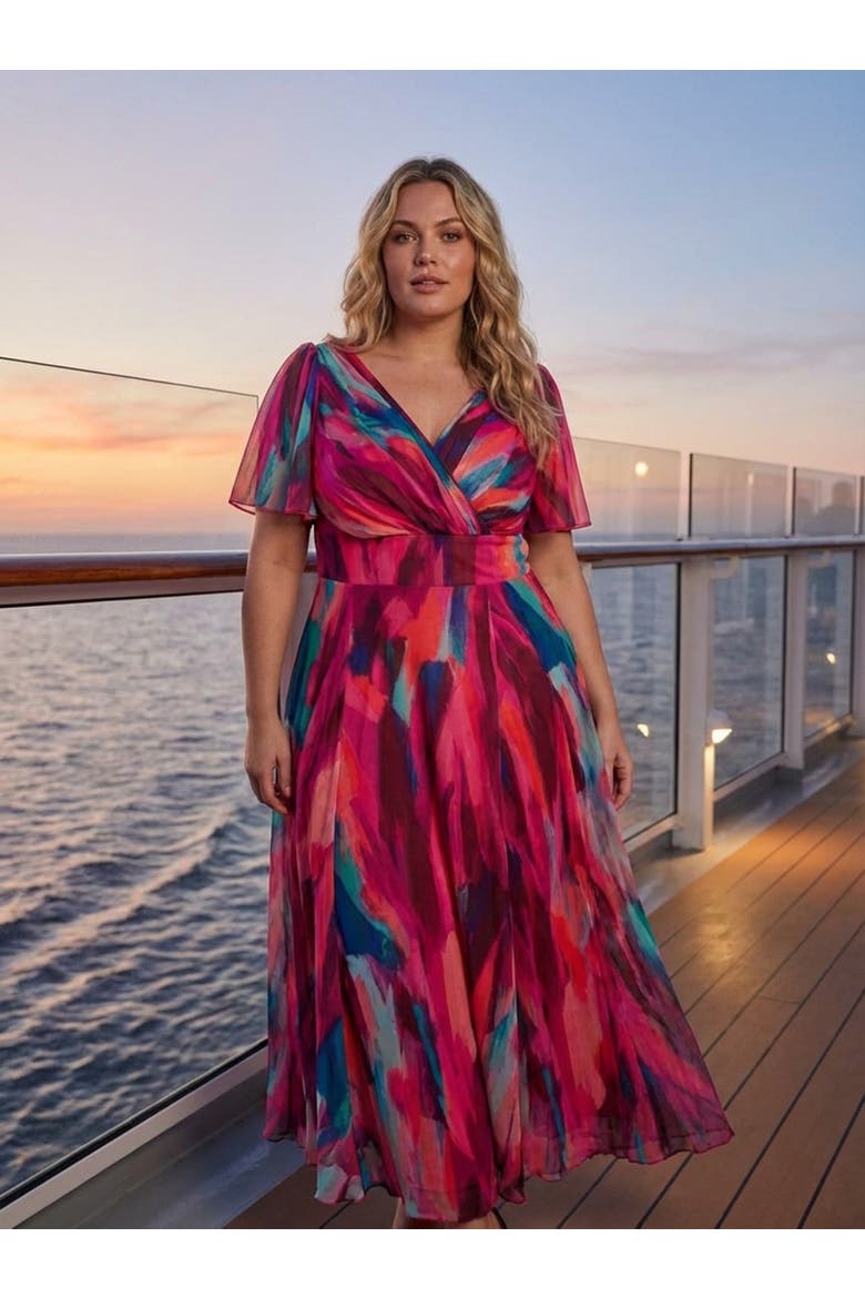 Isabelle Printed Angel Sleeve Dress, Alternate, color, Winter Pink
