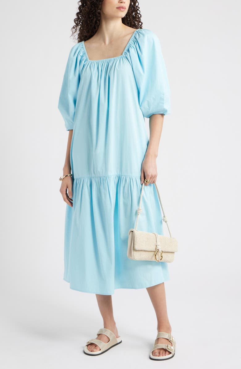 Nordstrom Square Neck Puff Sleeve Cotton Midi Dress, Alternate, color, Blue Atomizer