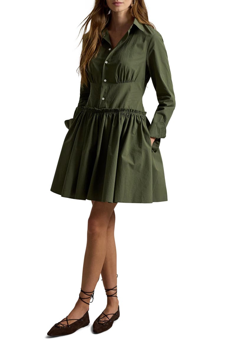 Paneled Shirred Cotton Canvas Mini Shirtdress, Main, color, DENSE OLIVE