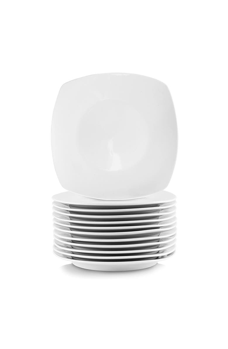 Elama 12 Piece Square Porcelain Large Dinner Plates, Main, color, White