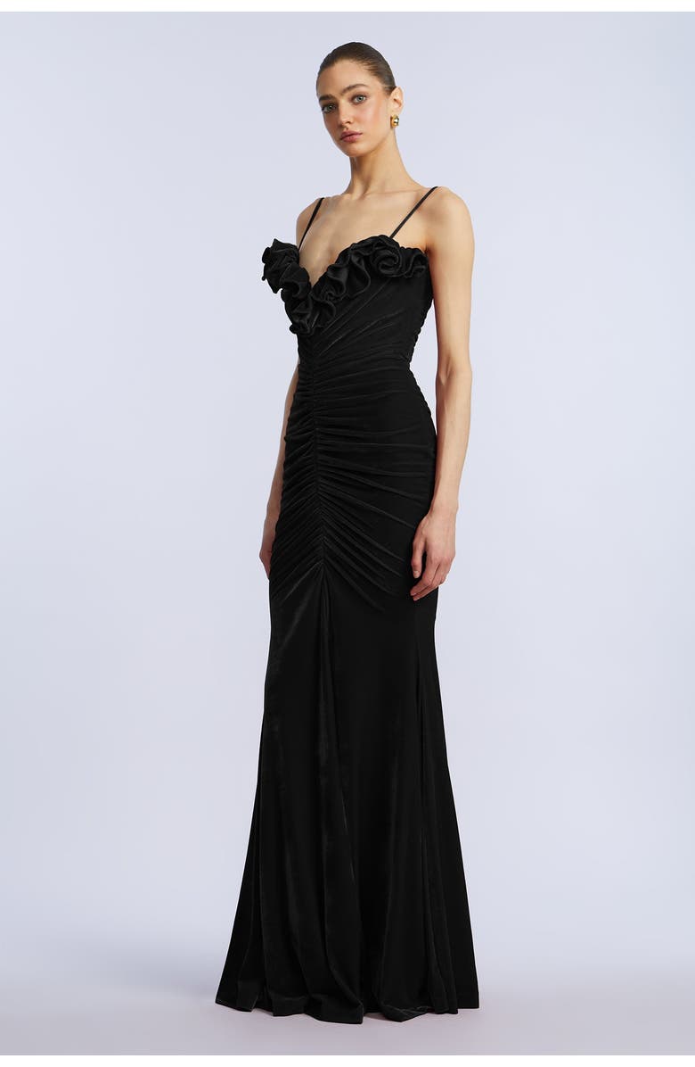 BCBGMAXAZRIA Ruffle Velvet Gown, Alternate, color, Black