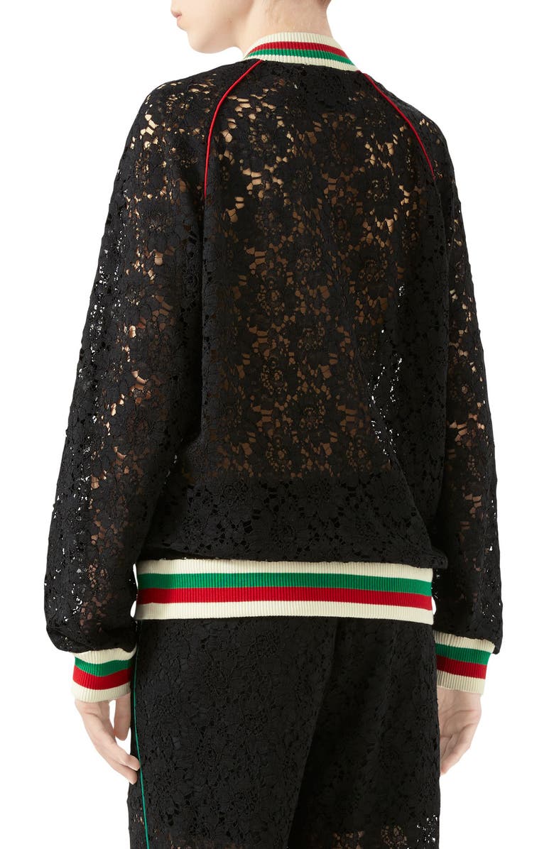 Gucci Interlocking-G Patch Lace Bomber Jacket, Alternate, color, 