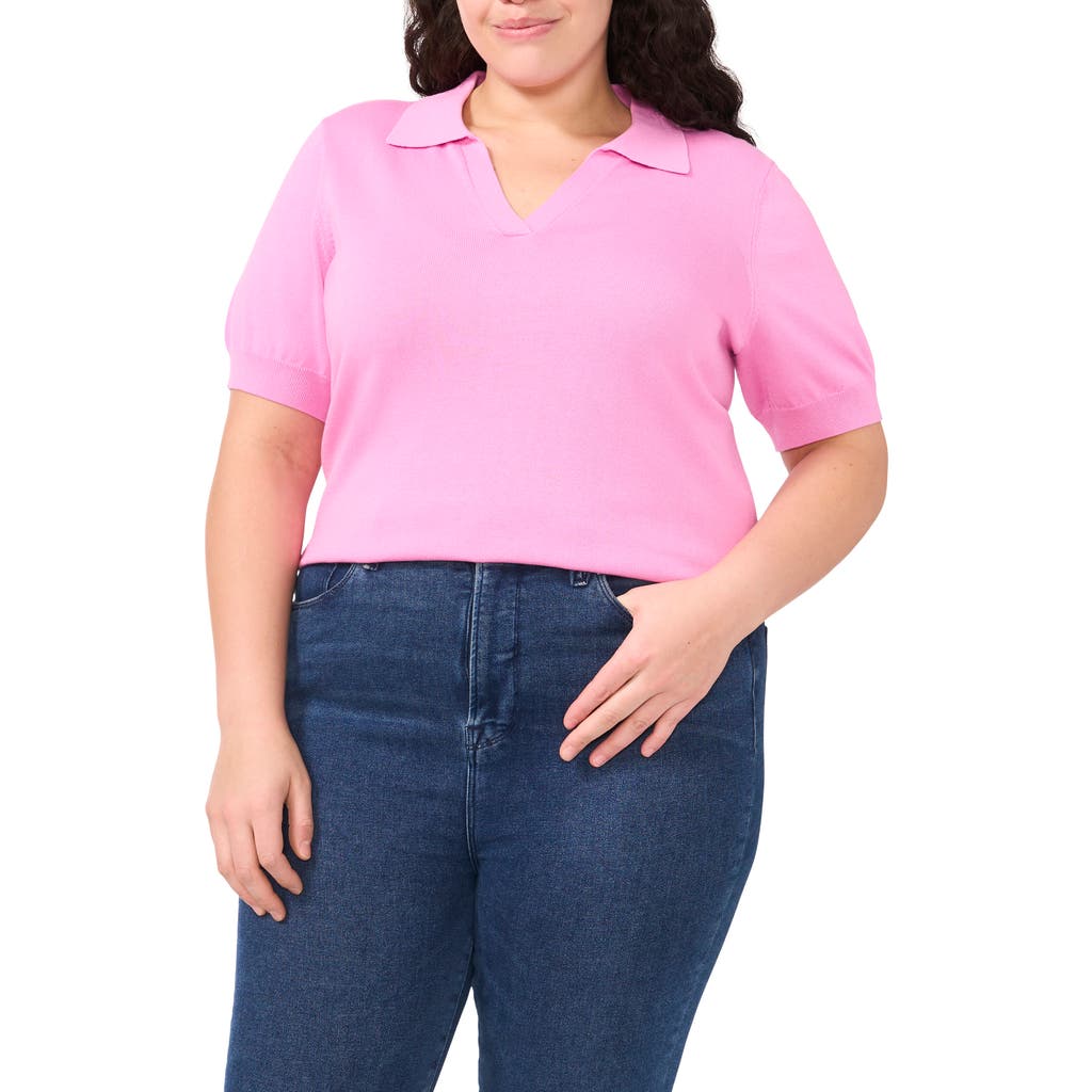 Shop Cece Short Sleeve Cotton Blend Polo Sweater In Bright Peony
