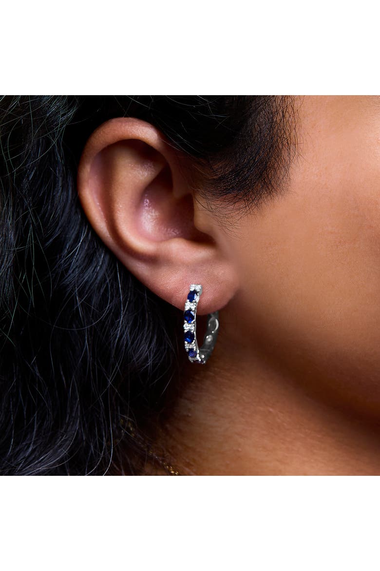 14K White Gold Oval Blue Sapphire & 1/4 Cttw Diamond Alternating Hoop Earring, Alternate, color, White