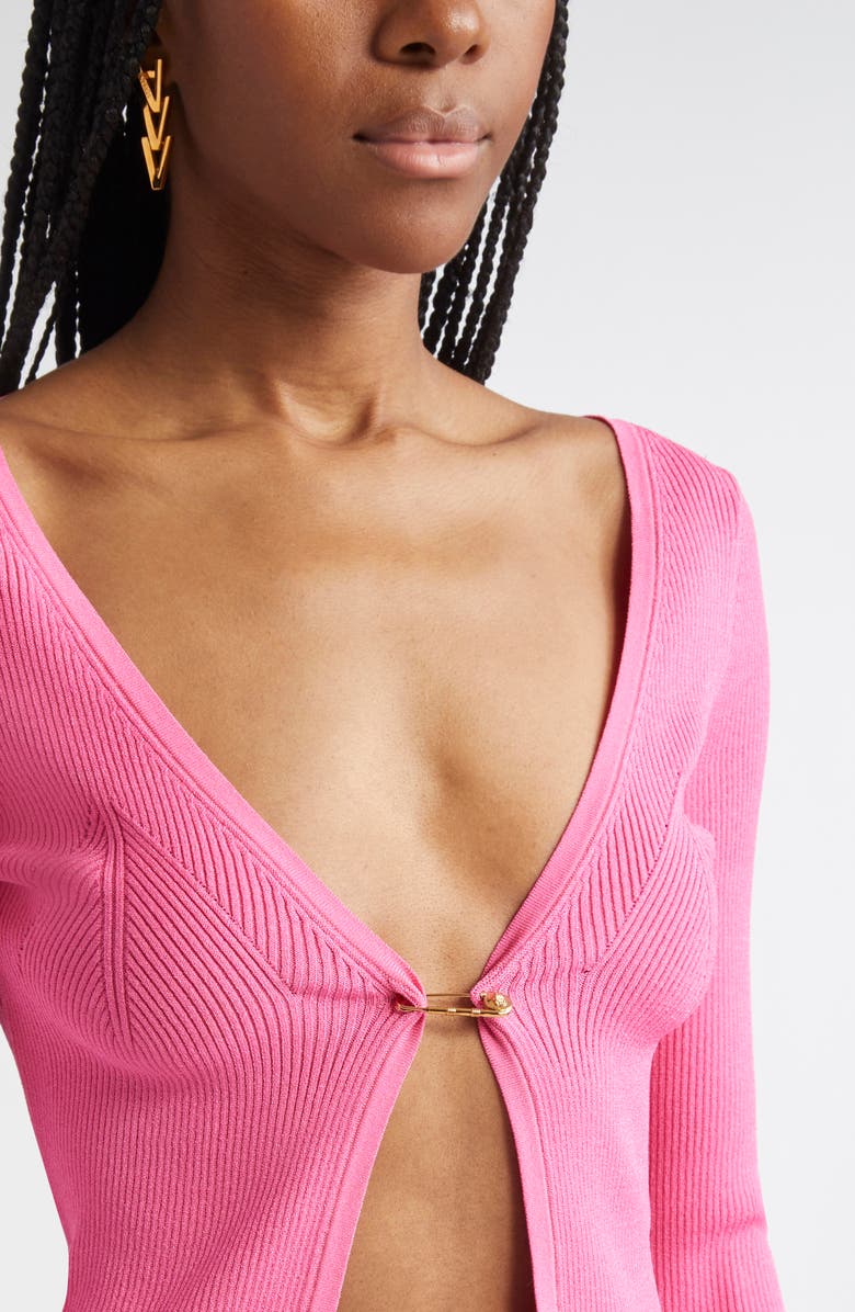 Versace Safety Pin Rib Cardigan, Alternate, color, Dragon Fruit