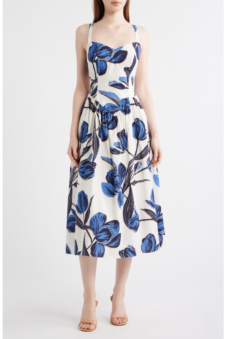 Floral Cotton Fit & Flare Midi Dress, Main, color, BLUE MULTI