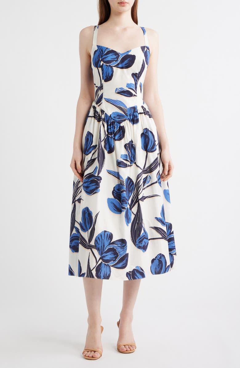 Vince Camuto Floral Cotton Fit & Flare Midi Dress, Main, color, Blue Multi