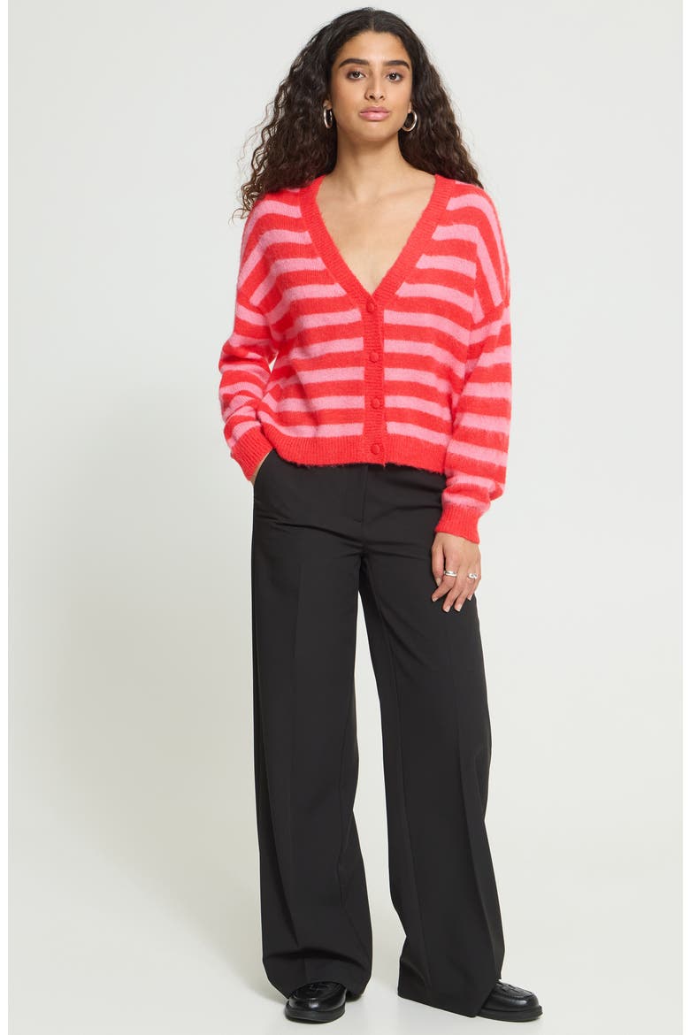 Striped V-Neck Cardigan, Alternate, color, POINSETTIA WITH PINK STRIPE