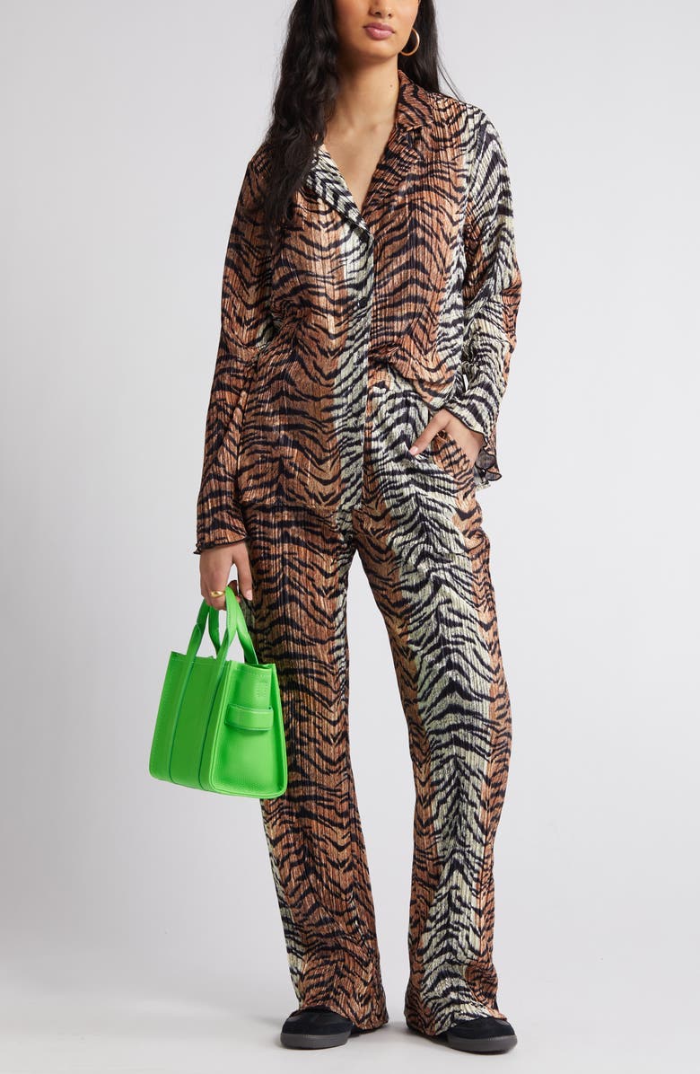 Dressed in Lala Tiger Long Sleeve Plissé Top & Pants Set, Main, color, Tiger Stripe