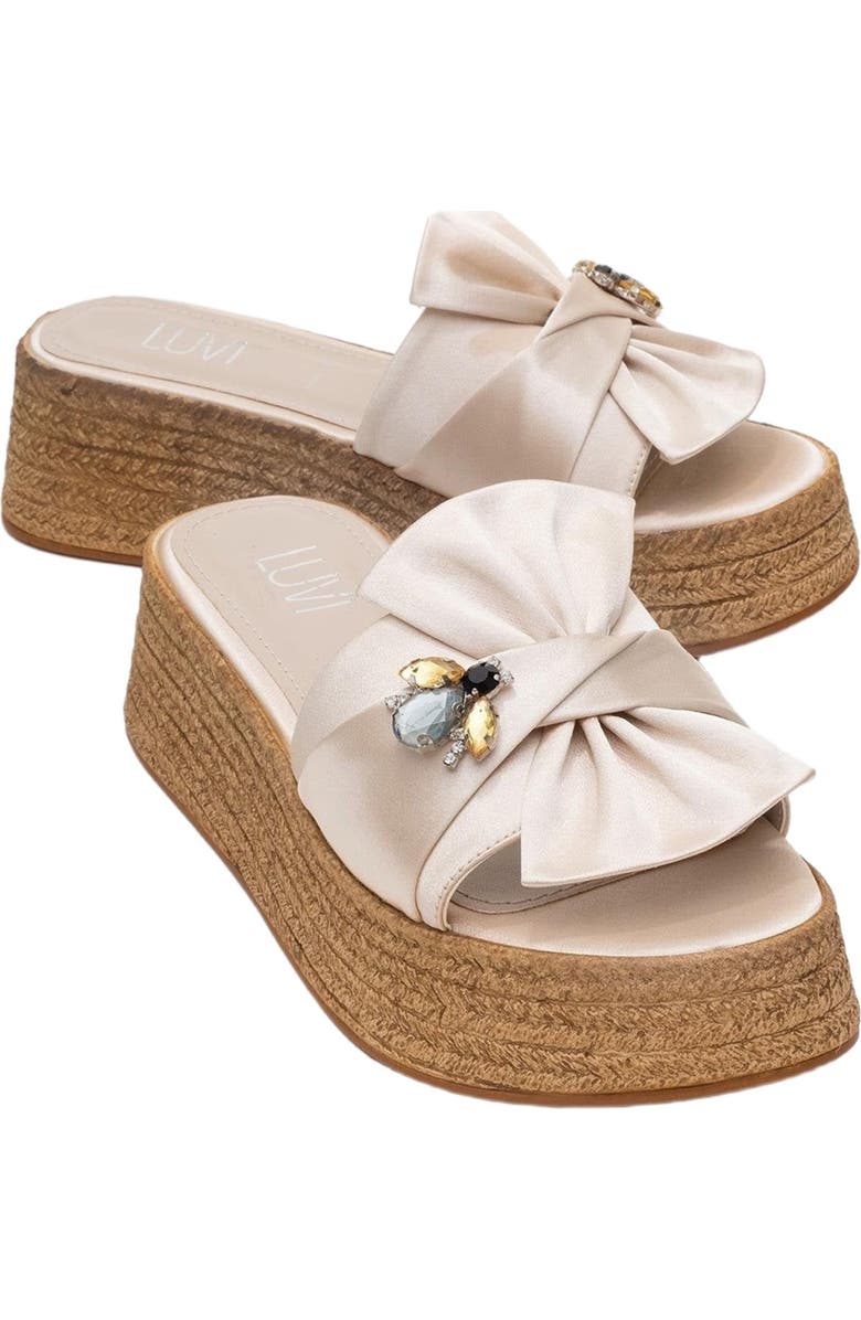 Prologue Shoes Shara Braided Bow & Bee Buckle Platform Sandal, Main, color, Beige Satin Faux Leather
