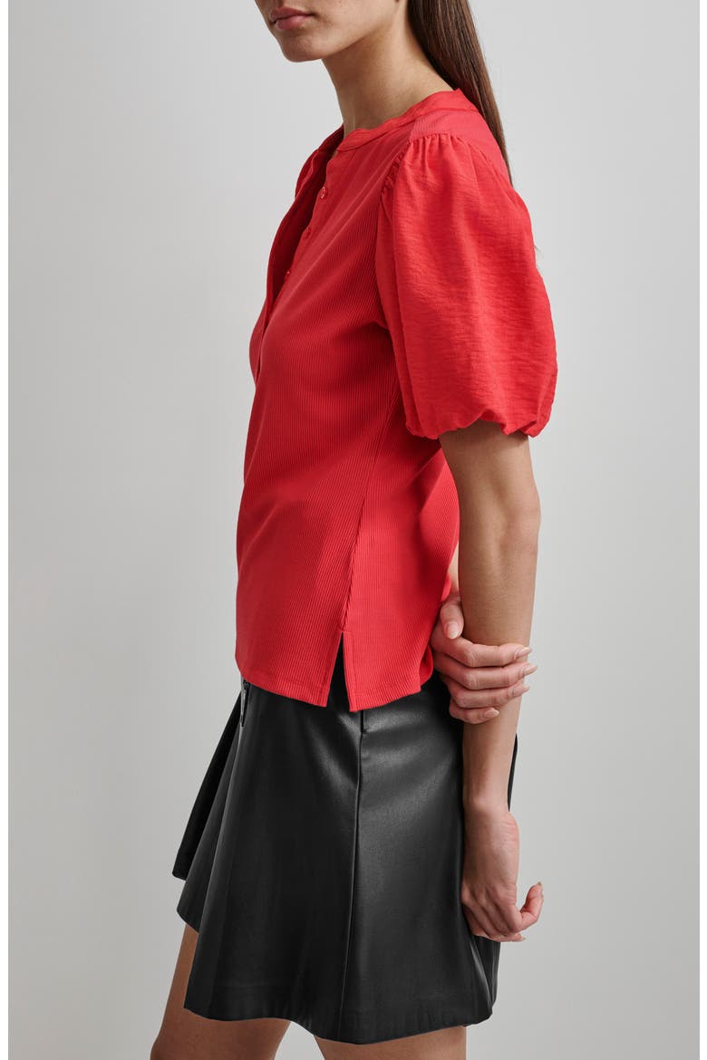 Puff Sleeve Mixed Media Henley Top, Alternate, color, FLAME